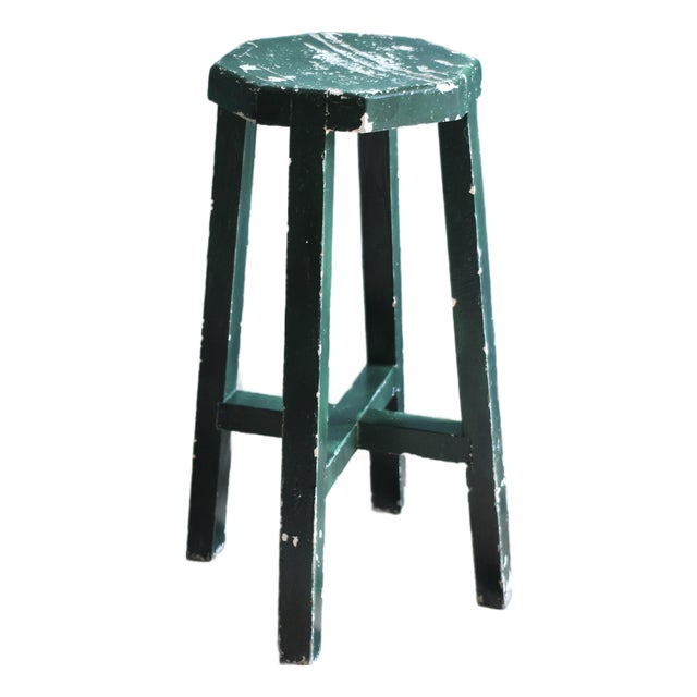 Vintage Green Painted Rustic Stool For Sale