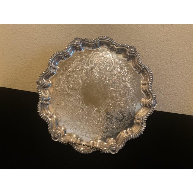 Silver Vintage Silver Plated Engraved Footed Tray With Scalloped Edge For Sale - Image 8 of 14