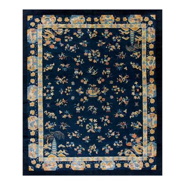 1920s Navy Blue Floral Shou Antique Chinese Art Deco Rug 8' 2''x 9' 10'' Knotted Wool Carpet For Sale