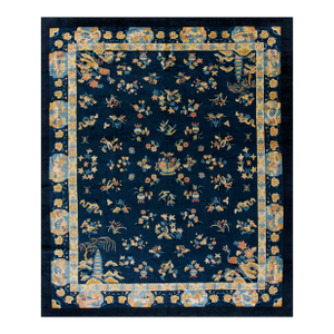 1920s Navy Blue Floral Shou Antique Chinese Art Deco Rug 8' 2''x 9' 10'' Knotted Wool Carpet