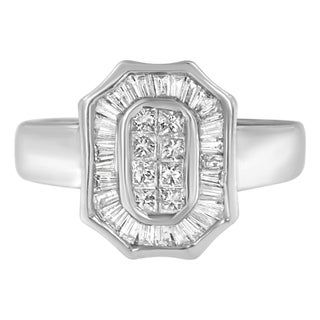 14K White Gold 1.00 Cttw Baguette and Princess-Cut Diamond Cocktail Art Deco Style Ring (H-I Color, SI1-SI2 Clarity) - Size 7 For Sale