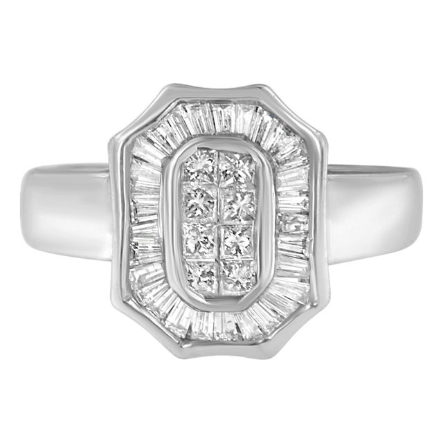14K White Gold 1.00 Cttw Baguette and Princess-Cut Diamond Cocktail Art Deco Style Ring (H-I Color, SI1-SI2 Clarity) - Size 7 For Sale