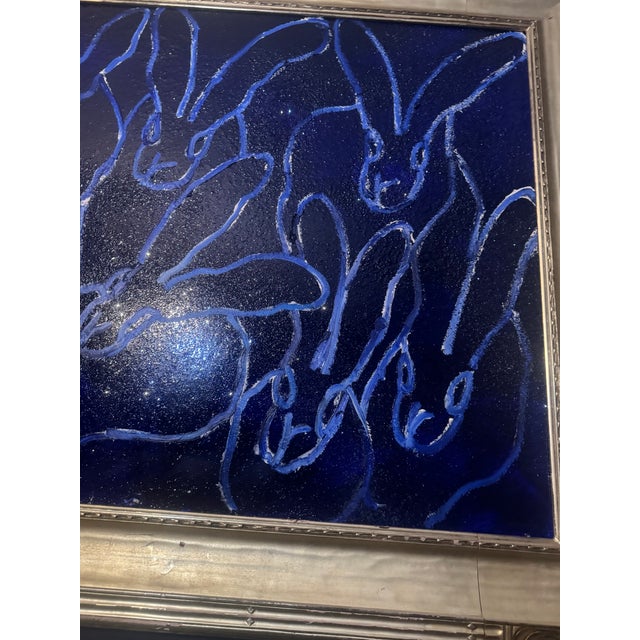 Large Blue Bunnies Painting in Gilt Wood Frame By Hunt Slonem.