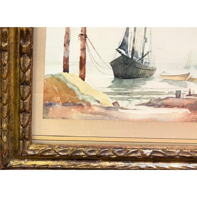 Mid Century Maritime Watercolor Painting - Sailboat in a Harbor - Signed, Fantastic Gilt Wood Frame For Sale - Image 4 of 8