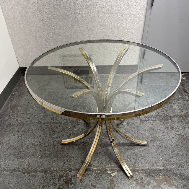 Italian Mid-Century Brass + Chrome Round Glass Dining Table, Vintage For Sale - Image 4 of 12