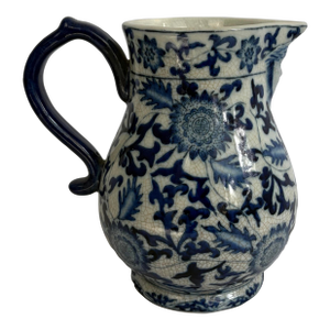 1950s Chinese Blue & White Crackle Glaze Porcelain Pitcher With Figural Face Motif