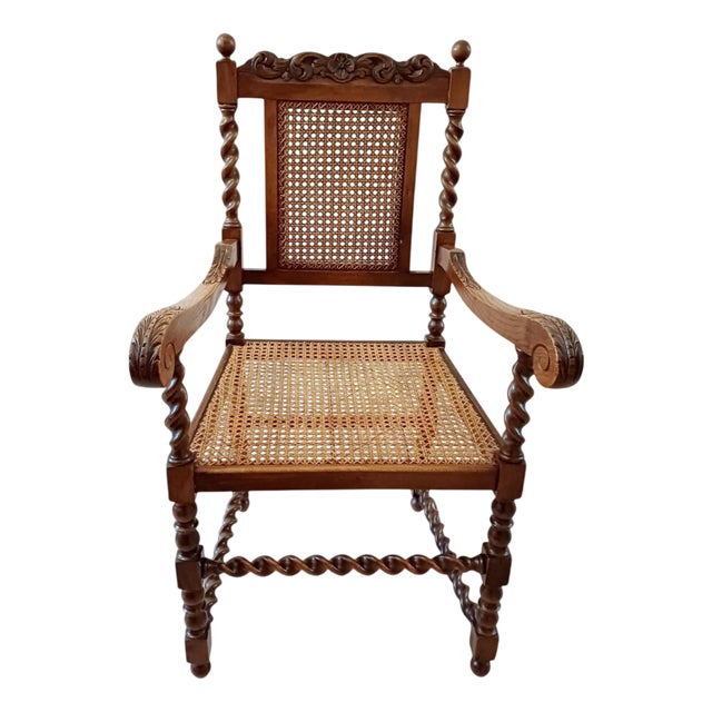 Antique Victorian Walnut Barley Twist Library Armchair with Cane Seat, 1890s For Sale