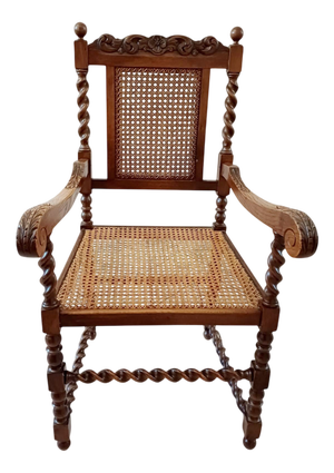 Antique Victorian Walnut Barley Twist Library Armchair with Cane Seat, 1890s
