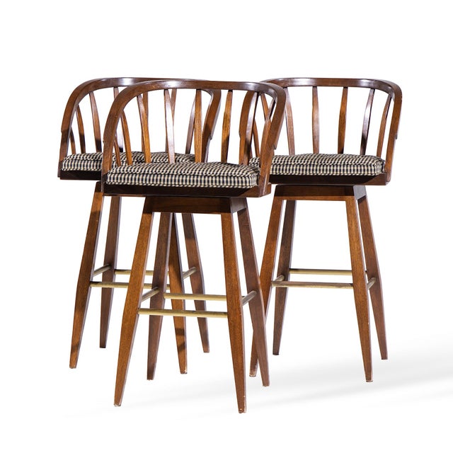 Mid-Century Modern Edward Wormley for Dunbar Mid Century Mahogany and Brass Barstools - Set of 3 For Sale - Image 3 of 11
