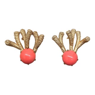 Vintage 1960s Signed Napier Goldtone Cabochon Faux-Coral Clip Earrings- 2 Pieces For Sale