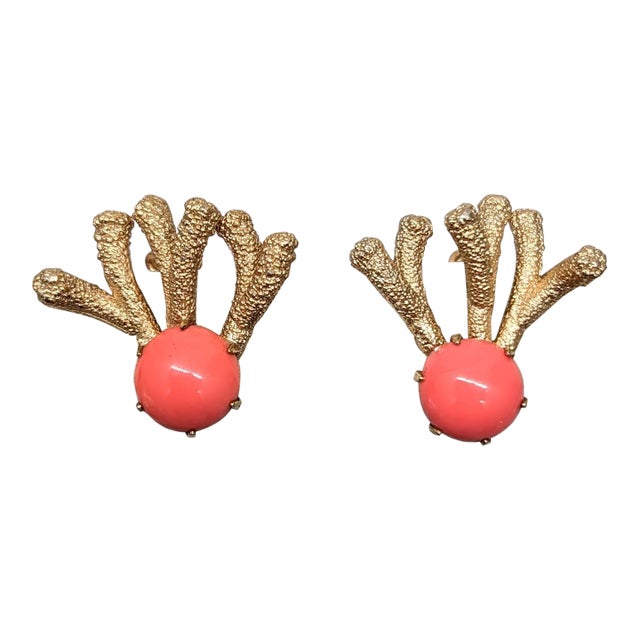 Vintage 1960s Signed Napier Goldtone Cabochon Faux-Coral Clip Earrings- 2 Pieces For Sale