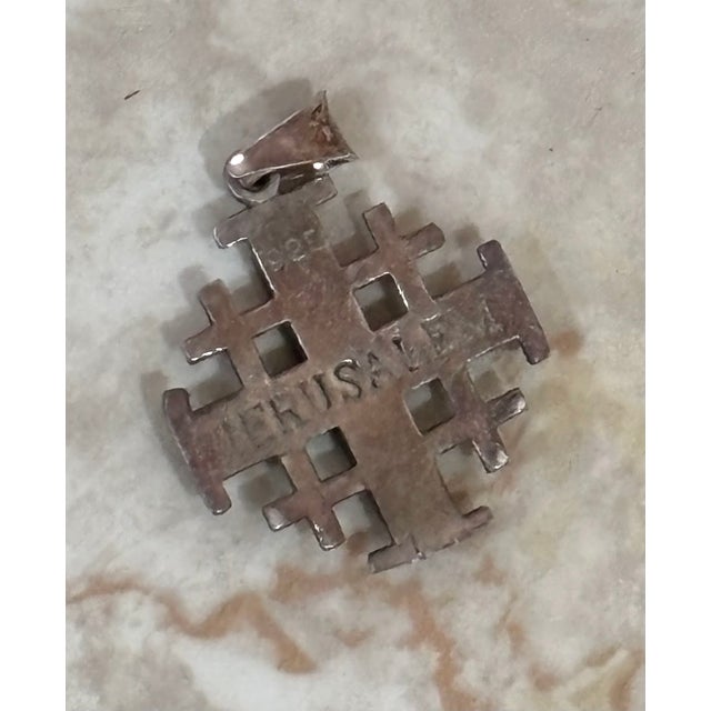 1960s-70s sterling silver Jerusalem cross pendant w/ turquoise inlay. Marked 925 at back. Excellent condition.
