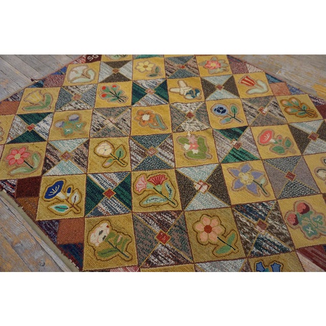 Very Pretty Multi Colored Floral Tumbling Block Pattern Set on a a Light Yellow Tan Background Vintage Signed Sg and Dated 1950 American Hooked Rug For Sale - Image 4 of 15