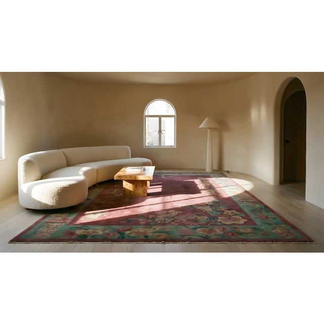 1920s Pink Rose Floral Antique Chinese Art Deco Rug 8'9" X 11'4" Handknotted Wool Carpet For Sale - Image 10 of 10