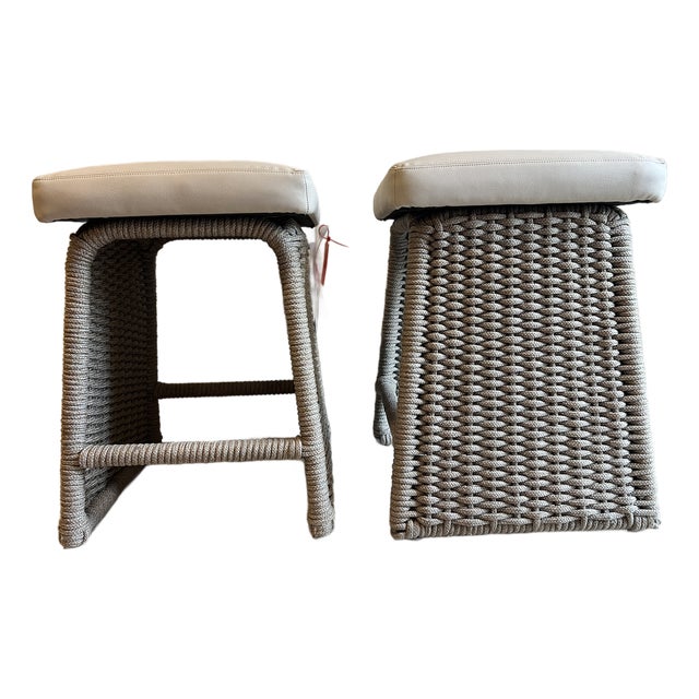 Baker McGuire Cuerda Counter Stool, Genuine Leather Seat, Rope Wrapped Aluminium Frame For Sale