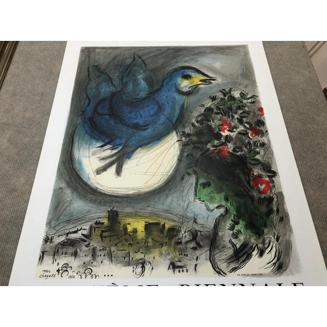 Modern Marc Chagall the Bluebird (L'Oiseau Bleu) 30" X 20" Lithograph 1968 Modernism Gray, Blue, Green Bird, Flowers For Sale - Image 3 of 11