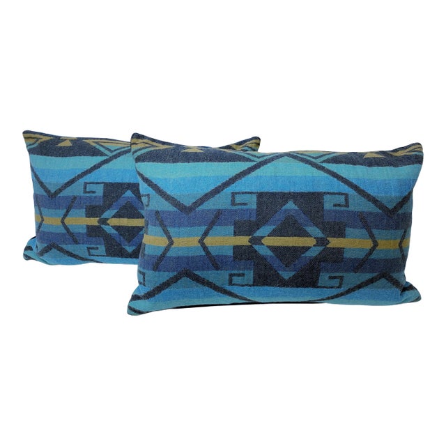 Pair of Large Bolster Pillows With a Modern Southwestern Geometric Pattern in Blue, Purple & Black - Made in Uk For Sale