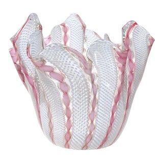 Vintage Murano, Style of Venini, Pink Aventurine Flecks White Zanfirico Ribbons Italian Art Glass Fazzoletto Handkerchief Vase For Sale