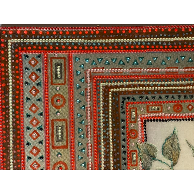 Unique technique gorgeous colour vibrant red rosses beaded collage, signed by artist Beverly Robert’s on stretched canvas.
