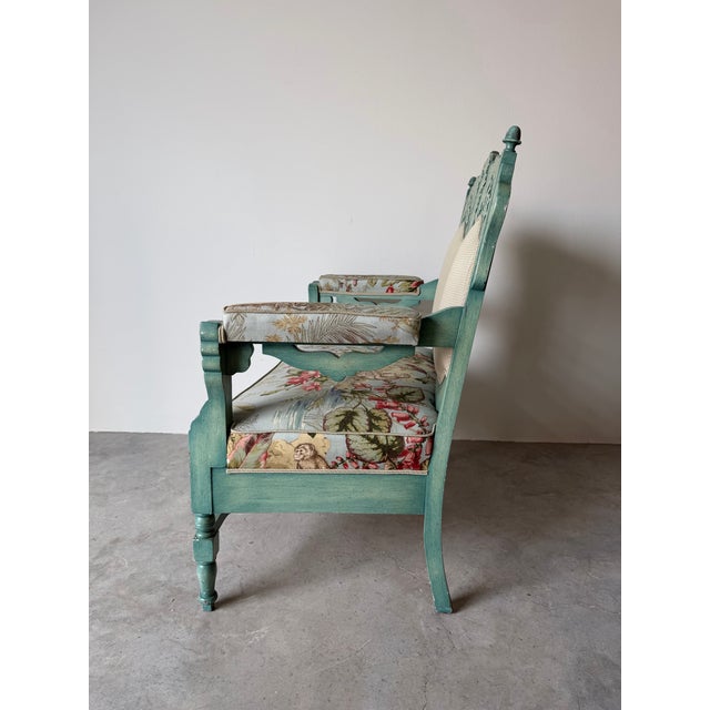 1970s 1970’s Palm Beach Victorian–Style Carved Wood Turquoise Painted Loveseat by Sherrill Furniture For Sale - Image 5 of 10