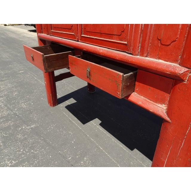 Red Antique Chinese Asian Red Lacquer Butterfly Cabinet ~ Wedding Storage Chest For Sale - Image 8 of 16