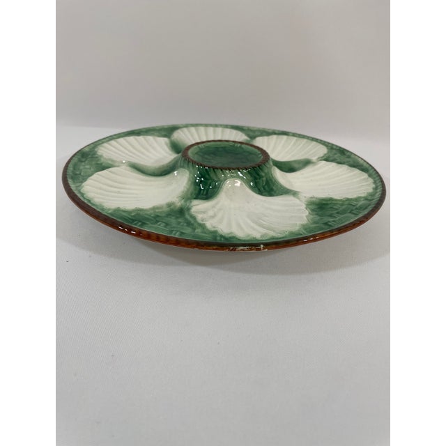 Art Deco 1920s Antique French Longchamp Majolica Green and White Oyster Plate For Sale - Image 3 of 13
