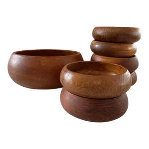 Vintage Turned Wood Salad Bowl and 6 Small Bowls - Set of 7
