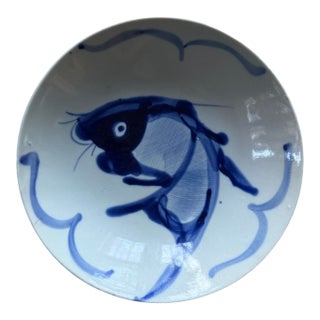 Vintage Hand-Painted Chinese Koi Fish Serving Bowl | Navy Blue and White Porcelain | 9 Inch Decorative Dish For Sale
