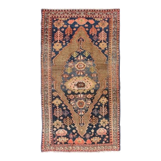 Tribal Medallion Design Antique Persian Serab Rug in Camel and Shades of Blue 3'3 X 6'3 For Sale