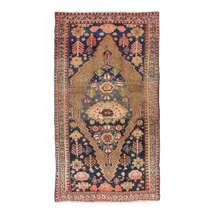 Tribal Medallion Design Antique Persian Serab Rug in Camel and Shades of Blue