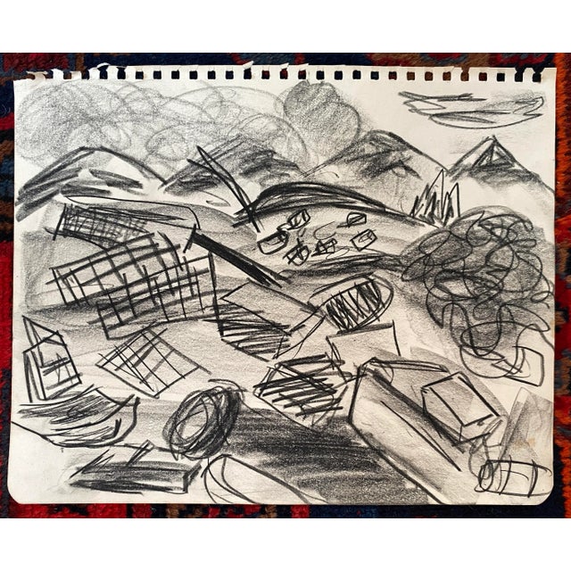1950s drawing of a junkyard or industrial landscape by artist Virginia L. Spencer. Unsigned, from a. sketchbook of San...