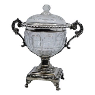 Cut Glass Compote with Silver Structure and Removable Lid For Sale