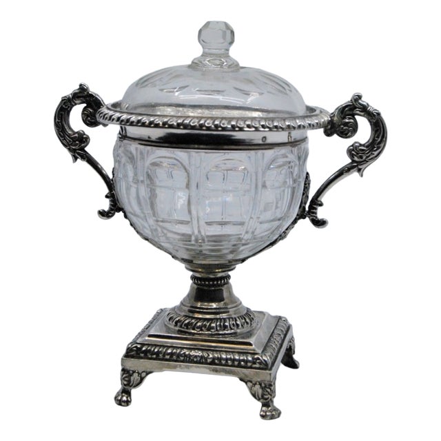 Cut Glass Compote with Silver Structure and Removable Lid For Sale