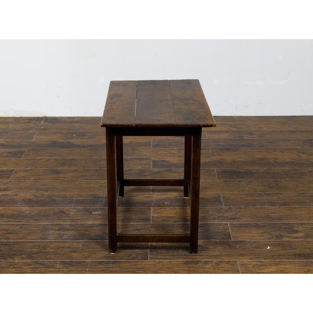 Wood English Oak 1800s Side Table with Planked Top, Straight Legs and Stretchers For Sale - Image 7 of 11