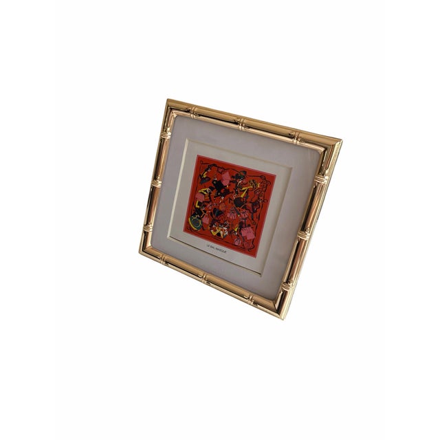 Hollywood Regency Authentic Original Vintage 1980's Hermès “Le Bal Masqué” Scarf Art Advertisement Print in Gold Faux Bamboo Frame For Sale - Image 3 of 10