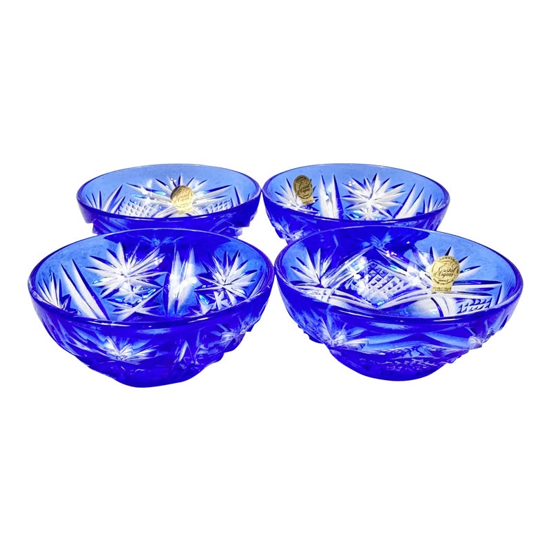 Vintage Blue Cut To Clear Lead Crystal Salt Cellars-set Of 4