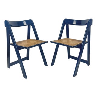 Mid-Century Modern Blue Wood and Wicker Folding Chairs from Bazzani, Italy, 1960s, Set of 2 For Sale