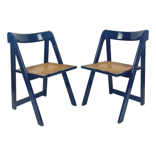 Mid-Century Modern Blue Wood and Wicker Folding Chairs from Bazzani, Italy, 1960s, Set of 2 For Sale