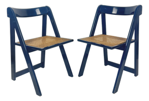 Mid-Century Modern Blue Wood and Wicker Folding Chairs from Bazzani, Italy, 1960s, Set of 2