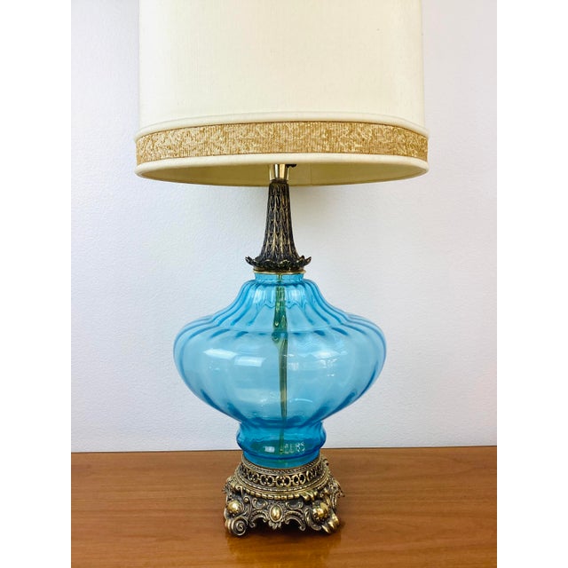 Vintage Hollywood Regency Table Lamp & Shade huge in size! made of glass, aqua blue in color brass accents original cream...
