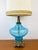 Vintage Hollywood Regency Table Lamp & Shade huge in size! made of glass, aqua blue in color brass accents original cream...