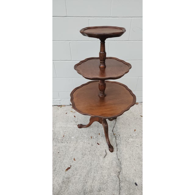 Antique Edwardian Three-Tiered Claw-Footed Serving Walnut Table With Scalloped Edges For Sale - Image 4 of 13