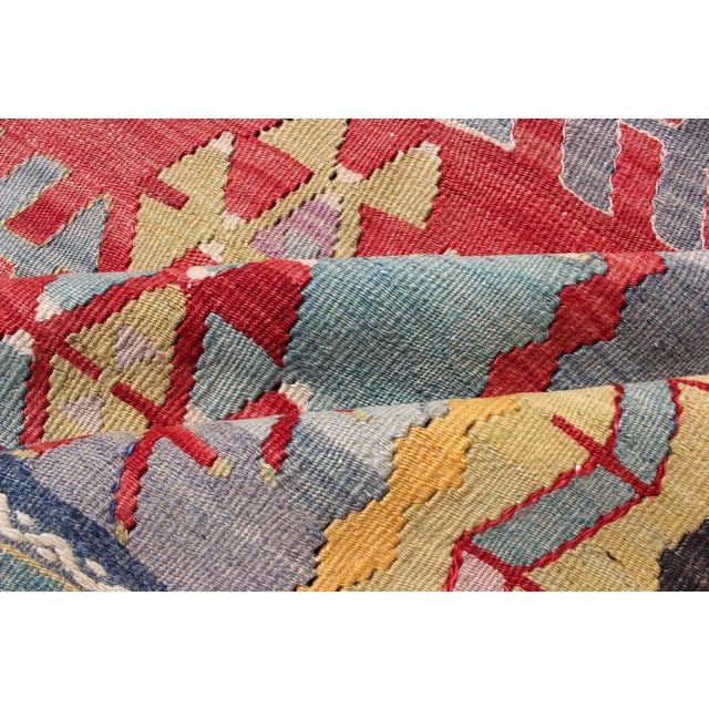 Vintage Turkish Kilim Flat-Weave Rug With Geometric Design in Red, Yellow, Green For Sale - Image 11 of 12
