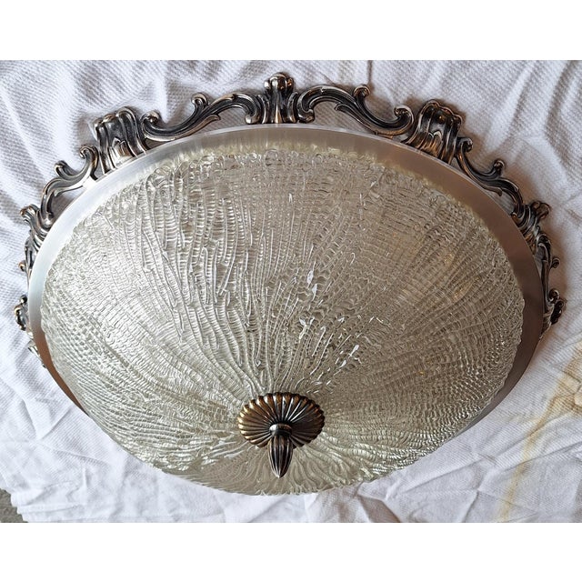 Large Vintage Ceiling Lamp with Silver-Plated Metal Frame and Clear Relief Glass Shade from Kaiser-Leuchten, 1970s For Sale - Image 6 of 9