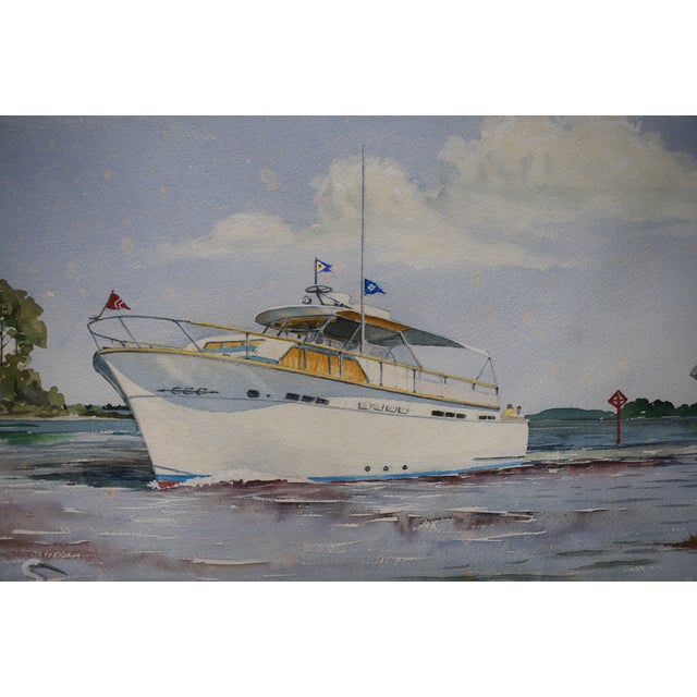 Motorboat Cruising Off the Eastern Shore of Maryland 1964 Watercolor by John Moll For Sale - Image 4 of 5