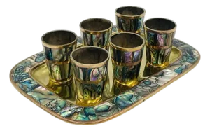 Mexican Brass & Abalone Shot Glass Set With Tray, Mexico 1950s