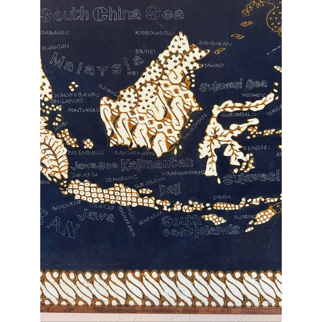 Wood 1970s Wood Framed Batik Fabric Wall Map Malaysia Indonesia Pacific Ocean For Sale - Image 7 of 11