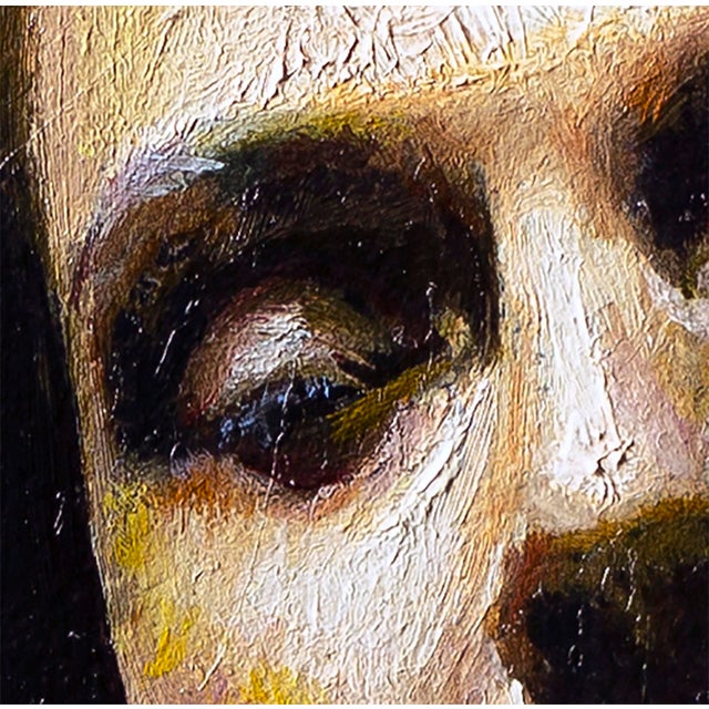 This oil on panel artwork features a portrait of a woman with an introspective expression, surrounded by a dynamic...