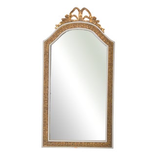 White and Gilt Wooden Mirror with Carved Bow Crest For Sale