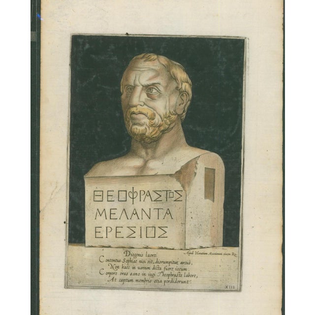 Original 1569 Old Master engraving of Theophrastus, ancient Greek philosopher and successor to Aristotle at the Lyceum....